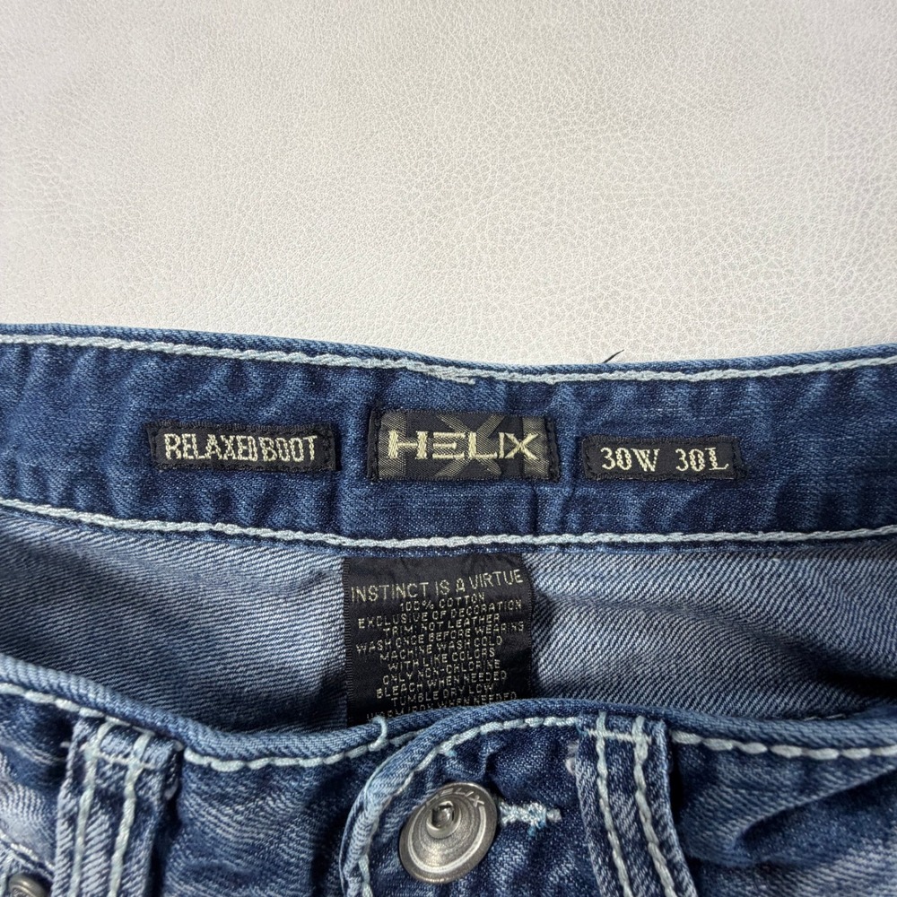 Helix Relaxed Boot Jeans Mens 30x30 Blue Denim Distressed Iron Cross Pockets Y2K - Picture 3 of 15